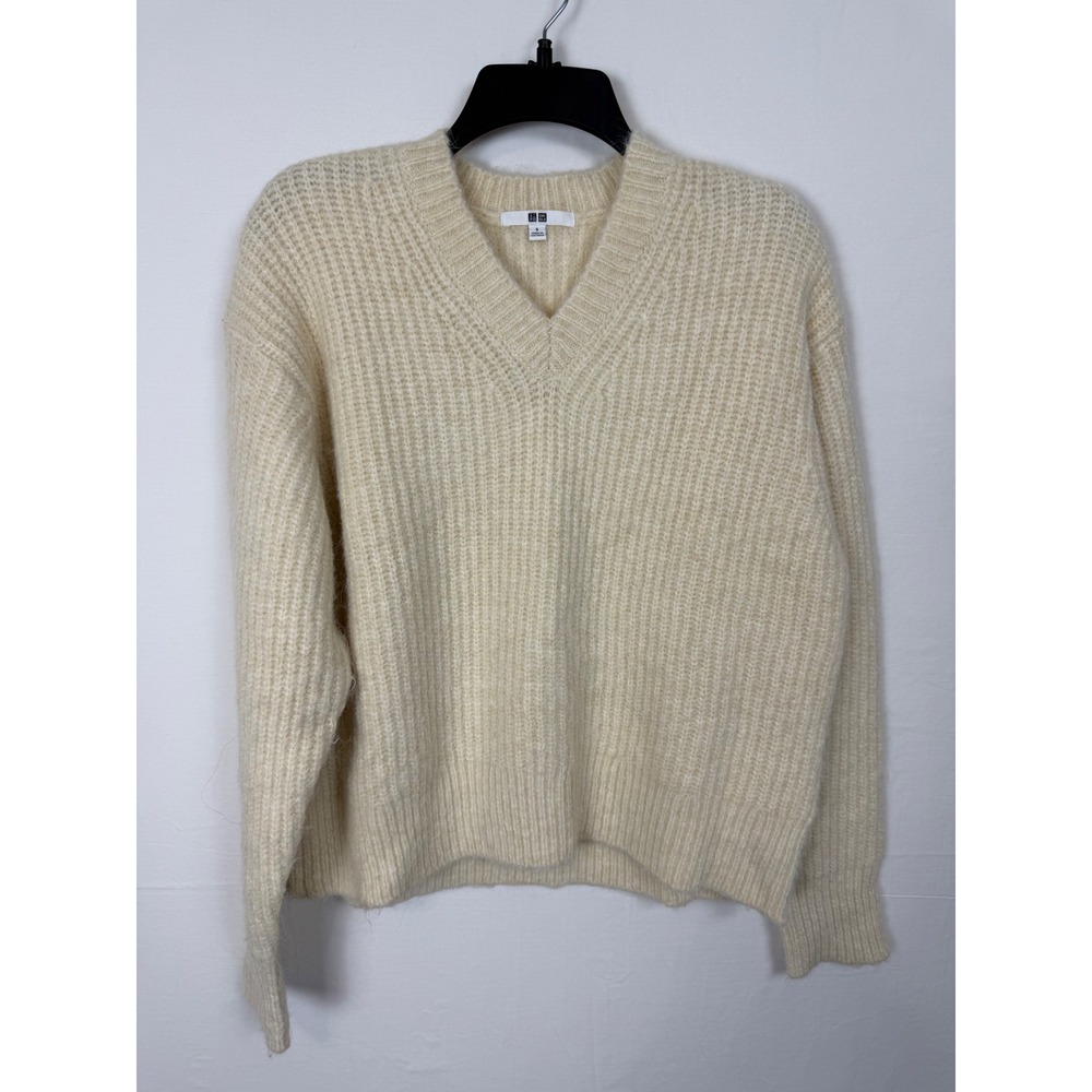 Uniqlo Women Wool Blend Sweater S Cream V-Neck Chunky Ribbed Knit Pullover